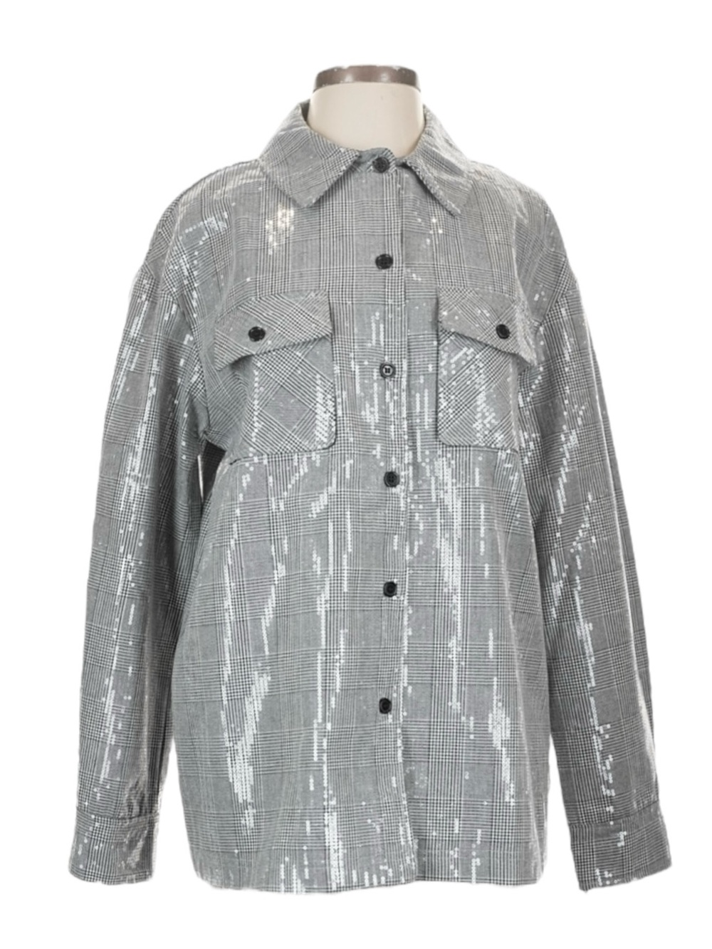 Bagatelle Collection Sequined Plaid Shacket Jacket M Gray Silver Oversized Glam